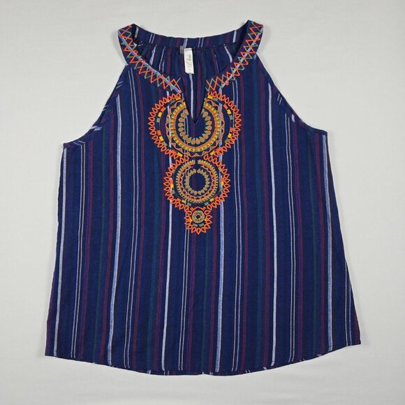 L Love Boho Embroidered Tank Top Size M Navy V-Neck Striped Sleeveless Festival - Picture 3 of 13